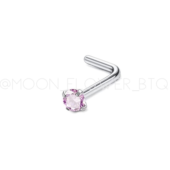 Tiny Pink CZ L Shaped Nose Ring - Picture 1 of 5